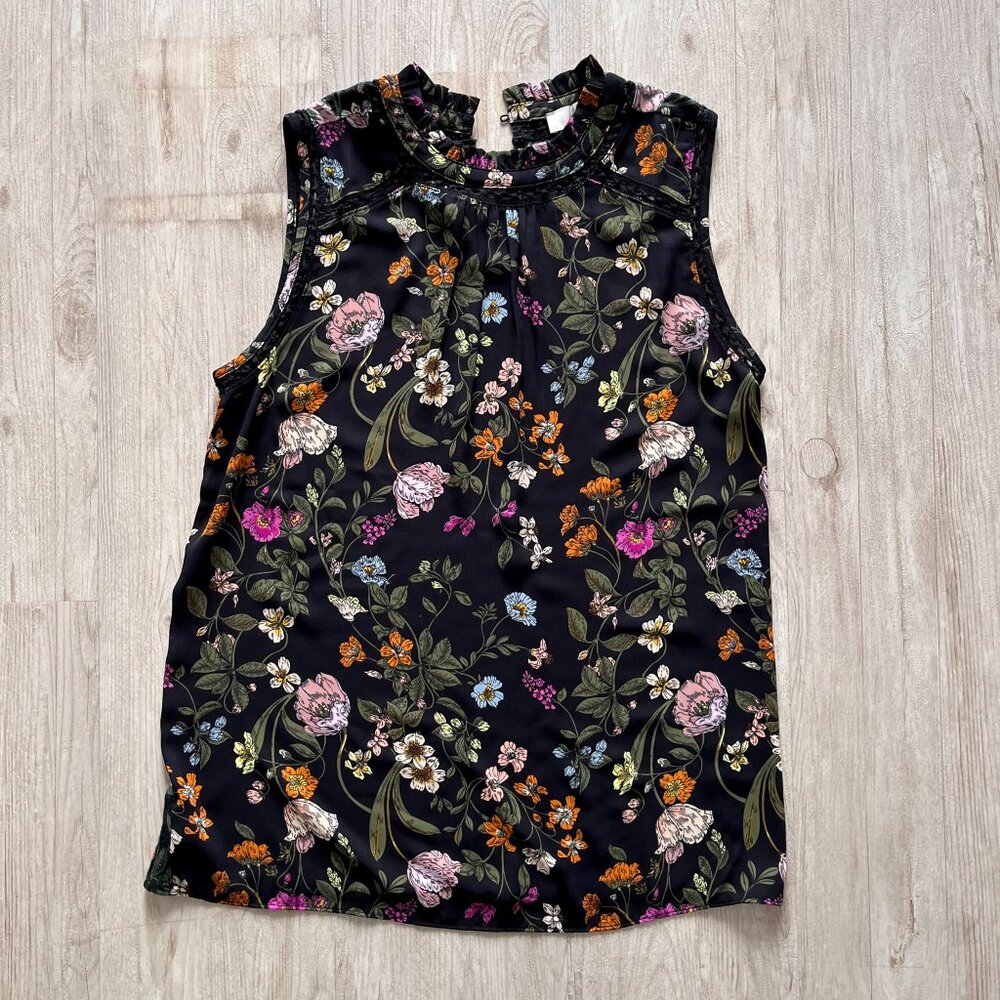 LOFT Flower Print Sleeveless Blouse / Black